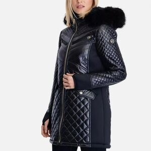 Michael Kors Womens Hooded Quilted Mixed Media Faux Fur Trim Jacket Coat Black S